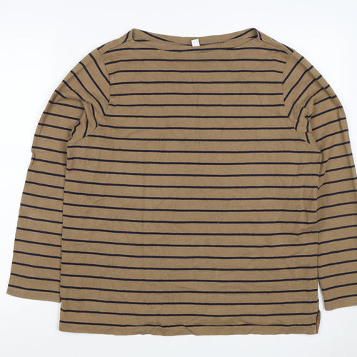 UNIQLO Women Brown Navy Stripe XL Boat Neck Long Sleeve Jersey Top