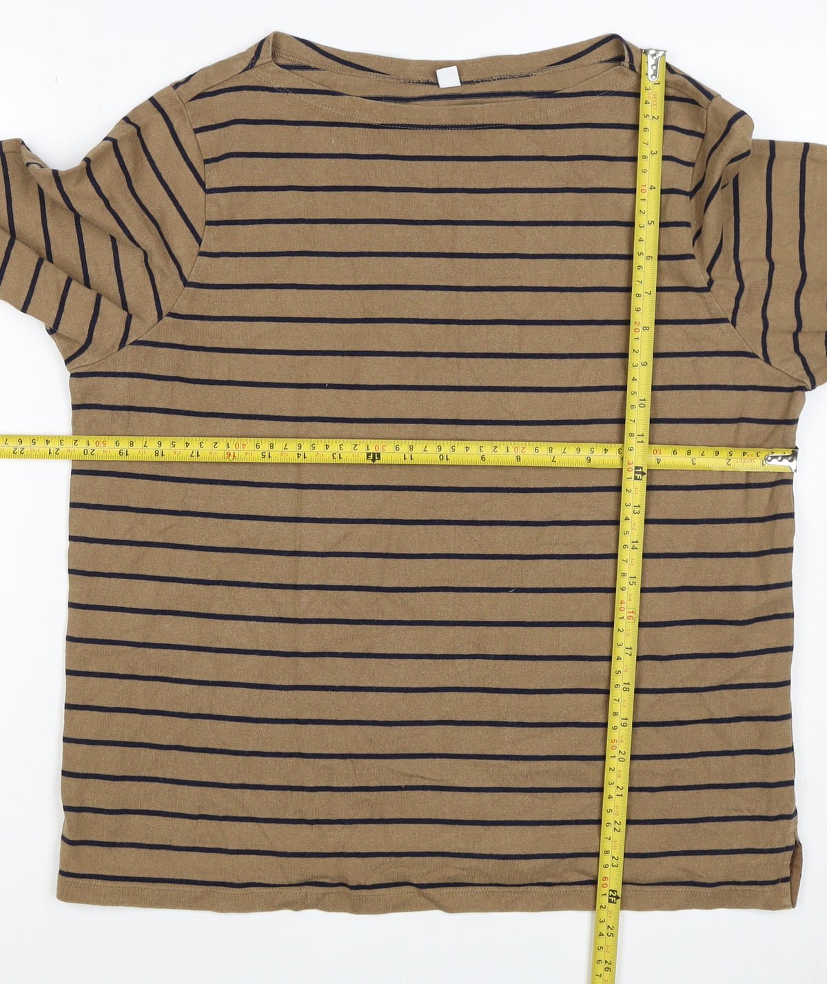 UNIQLO Women Brown Navy Stripe XL Boat Neck Long Sleeve Jersey Top