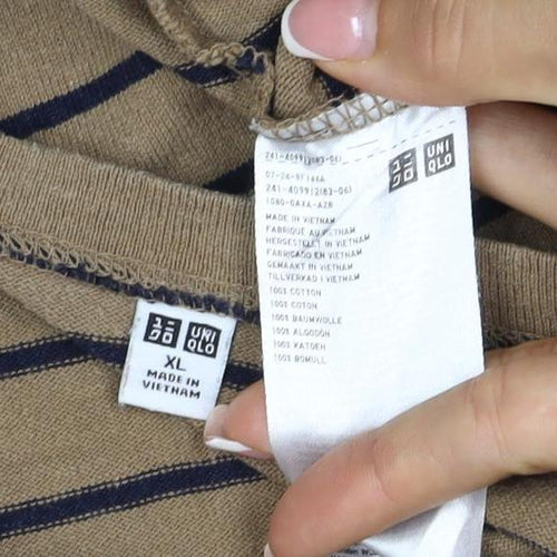 UNIQLO Women Brown Navy Stripe XL Boat Neck Long Sleeve Jersey Top