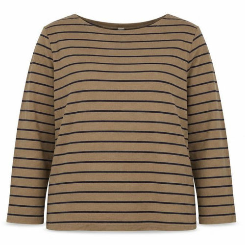 UNIQLO Women Brown Navy Stripe XL Boat Neck Long Sleeve Jersey Top