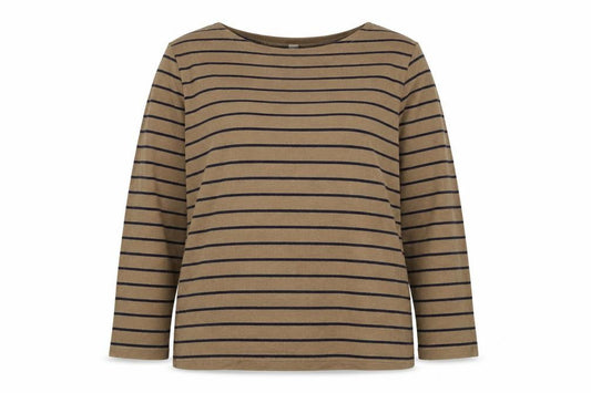 UNIQLO Women Brown Navy Stripe XL Boat Neck Long Sleeve Jersey Top