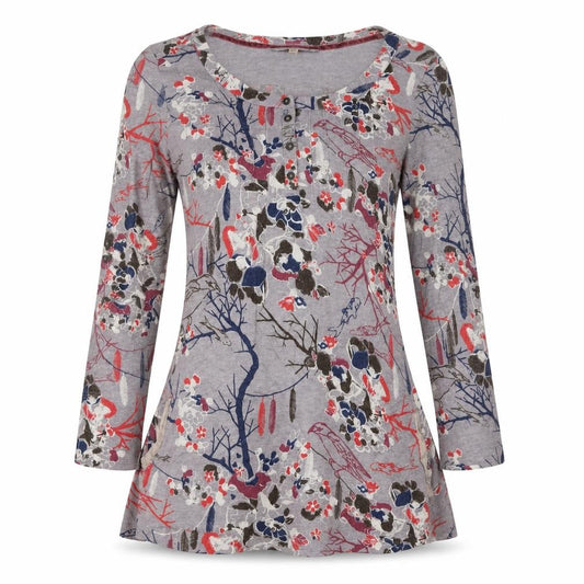Cavalli Women’s Grey Floral Bird Henley Tunic Top Size 8