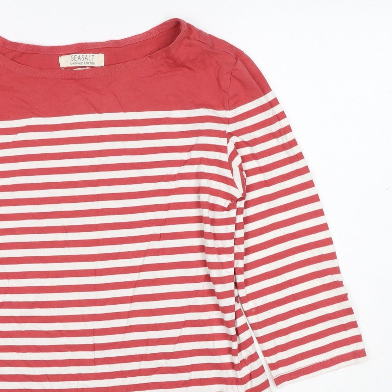 Seasalt Women Red White Striped Organic Cotton UK 10 3/4 Sleeve T-Shirt