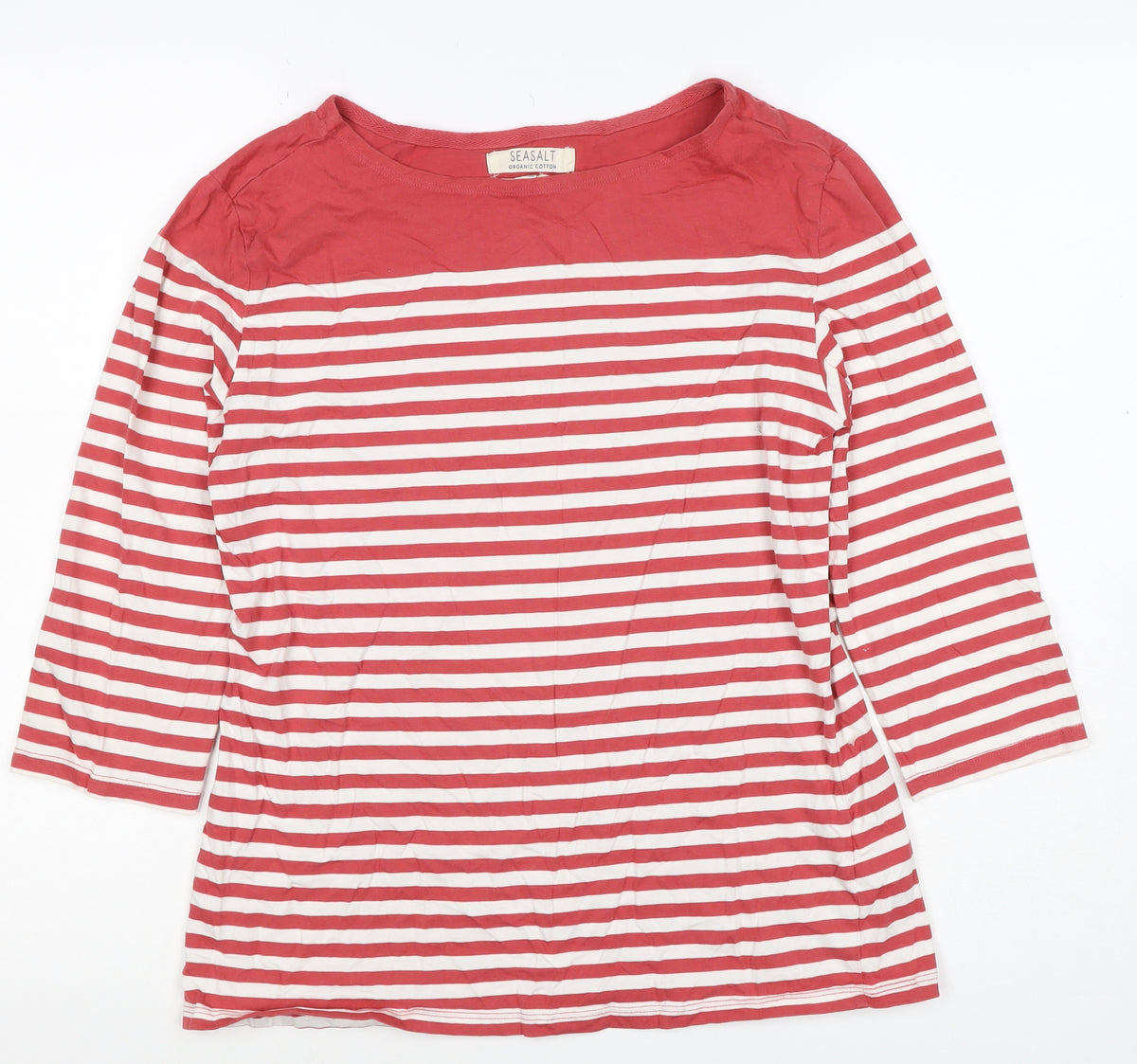 Seasalt Women Red White Striped Organic Cotton UK 10 3/4 Sleeve T-Shirt