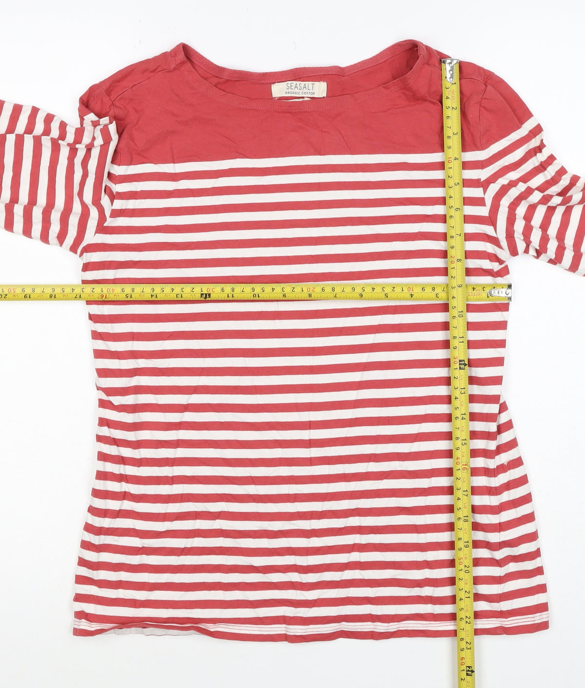 Seasalt Women Red White Striped Organic Cotton UK 10 3/4 Sleeve T-Shirt
