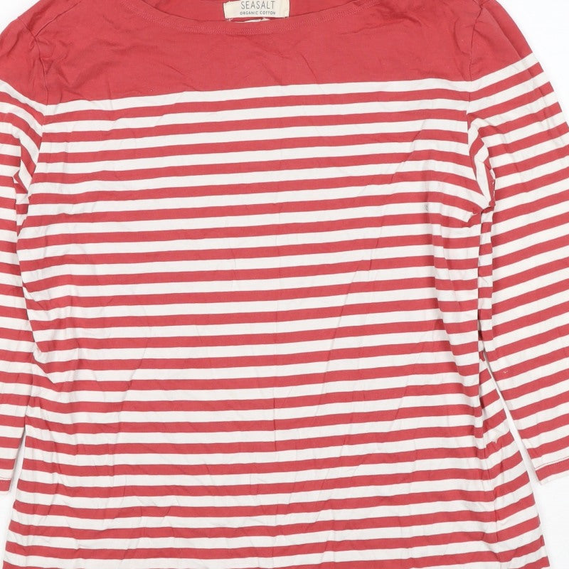 Seasalt Women Red White Striped Organic Cotton UK 10 3/4 Sleeve T-Shirt