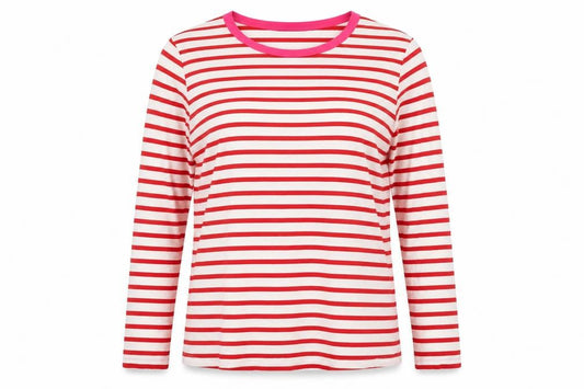 M&S Women Red White Stripe Long Sleeve Jersey T-Shirt UK 14