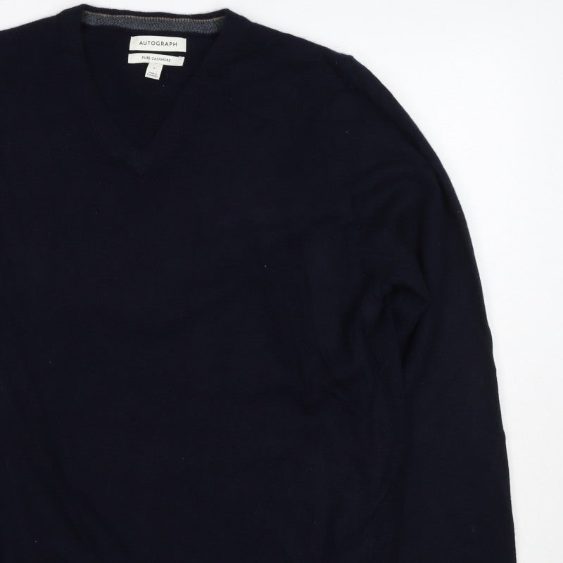 Autograph Men’s Blue L Pure Cashmere V-Neck Pullover Jumper