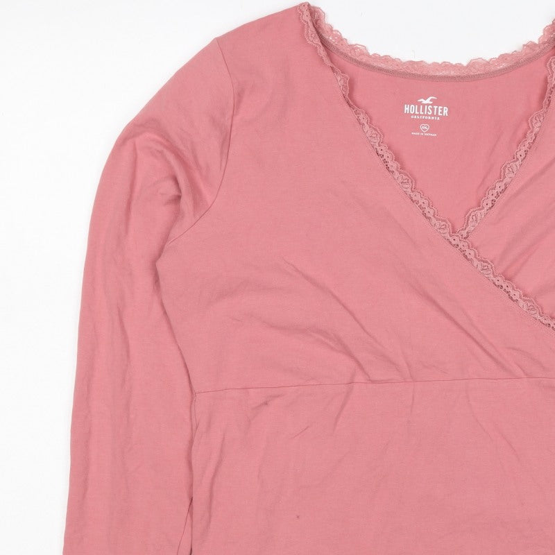 Hollister Women Pink 2XL Wrap V-Neck Lace Long Sleeve Jersey Top