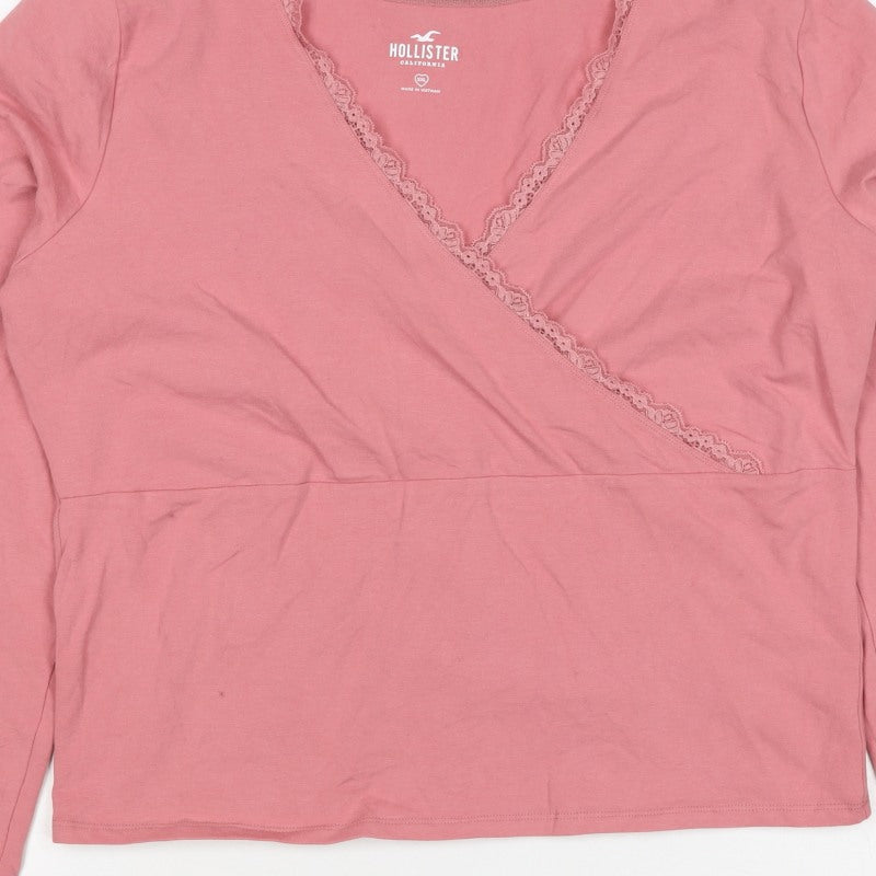 Hollister Women Pink 2XL Wrap V-Neck Lace Long Sleeve Jersey Top
