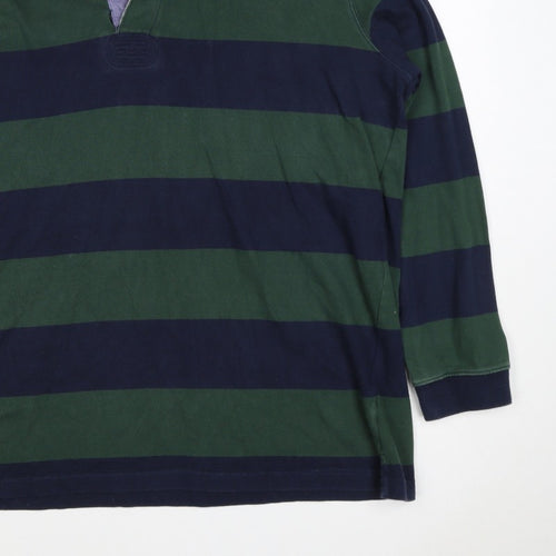 Cotton Traders Men's Green Navy 2XL Striped Long Sleeve Rugby Polo