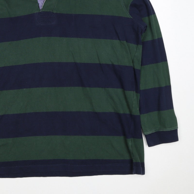 Cotton Traders Men's Green Navy 2XL Striped Long Sleeve Rugby Polo