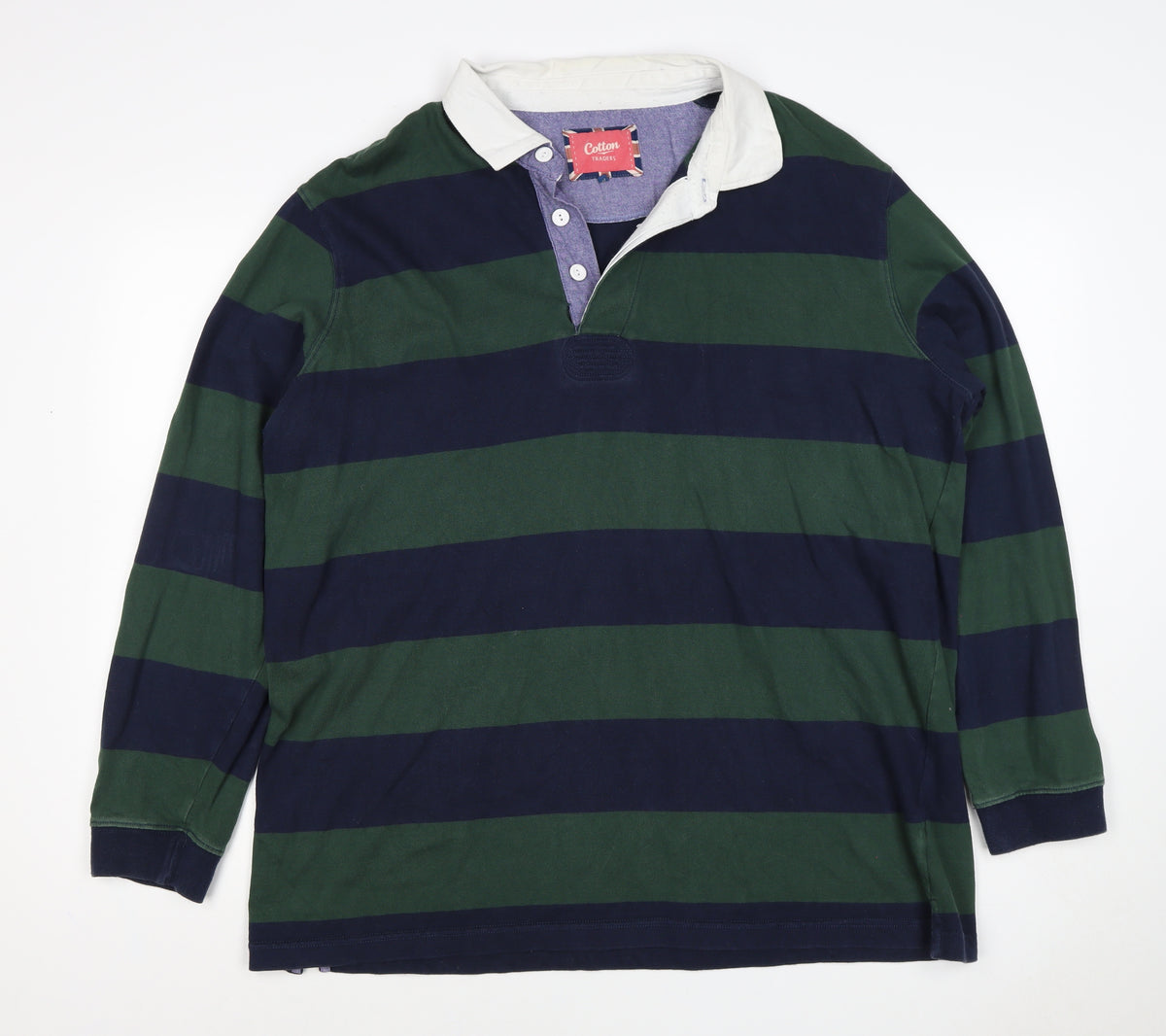 Cotton Traders Men's Green Navy 2XL Striped Long Sleeve Rugby Polo