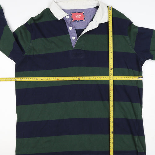 Cotton Traders Men's Green Navy 2XL Striped Long Sleeve Rugby Polo