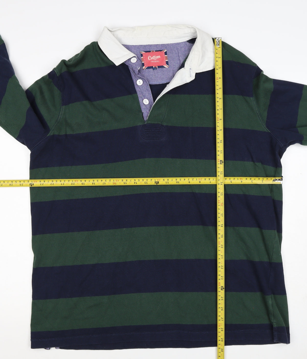 Cotton Traders Men's Green Navy 2XL Striped Long Sleeve Rugby Polo