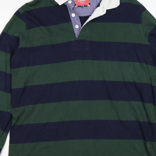 Cotton Traders Men's Green Navy 2XL Striped Long Sleeve Rugby Polo