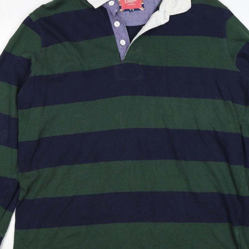 Cotton Traders Men's Green Navy 2XL Striped Long Sleeve Rugby Polo