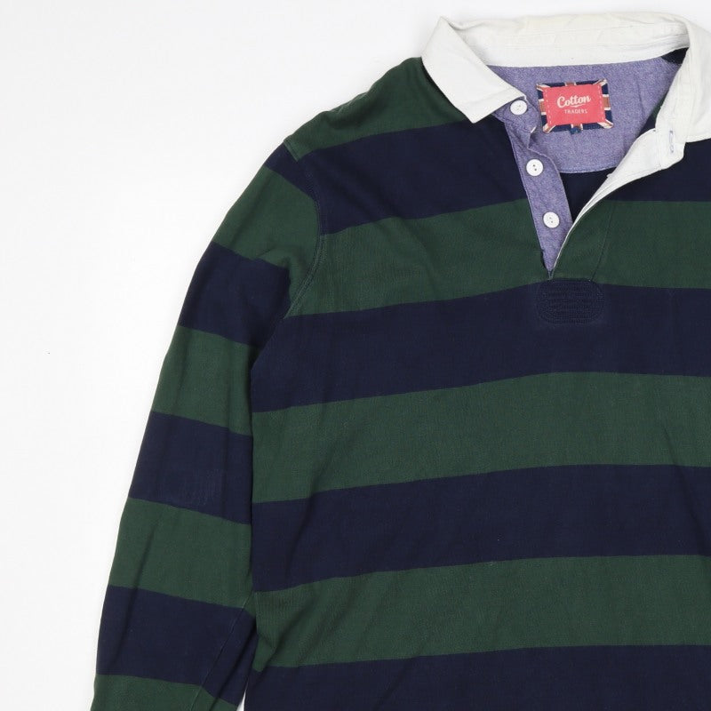 Cotton Traders Men's Green Navy 2XL Striped Long Sleeve Rugby Polo