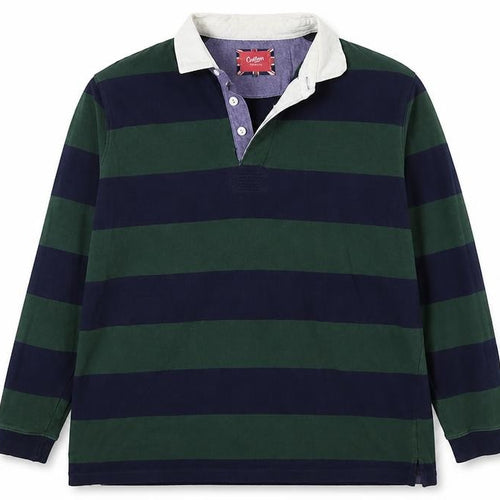 Cotton Traders Men's Green Navy 2XL Striped Long Sleeve Rugby Polo