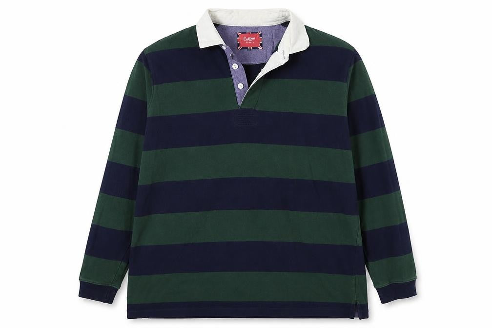 Cotton Traders Men's Green Navy 2XL Striped Long Sleeve Rugby Polo