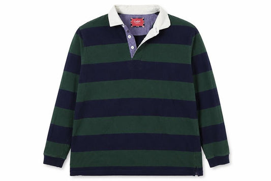 Cotton Traders Men's Green Navy 2XL Striped Long Sleeve Rugby Polo