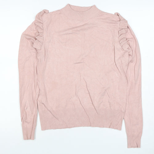 New Look Women Pink Size 14 Ruffle High Neck Knit Jumper