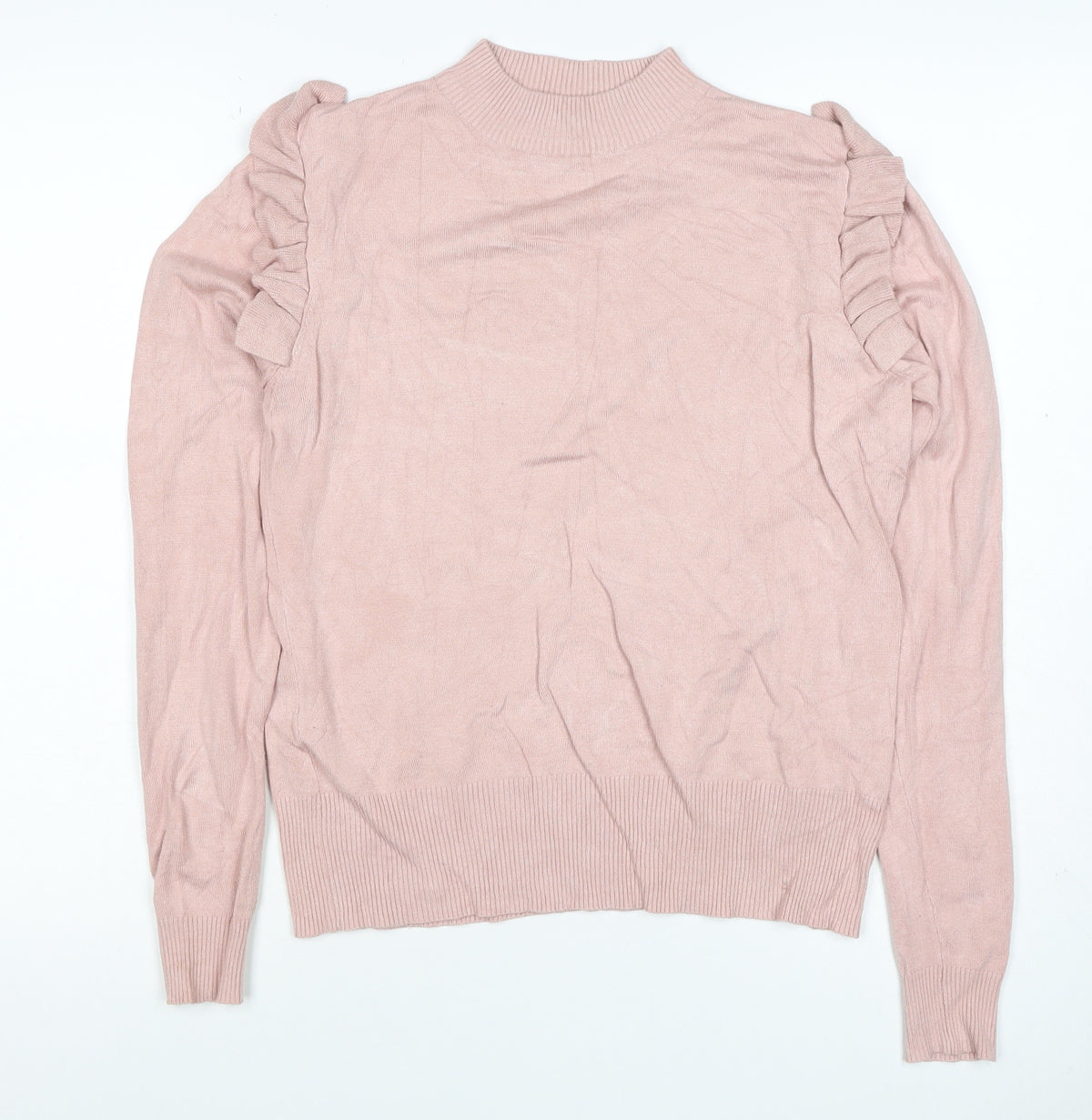 New Look Women Pink Size 14 Ruffle High Neck Knit Jumper