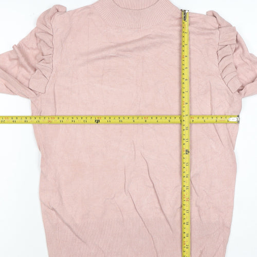 New Look Women Pink Size 14 Ruffle High Neck Knit Jumper