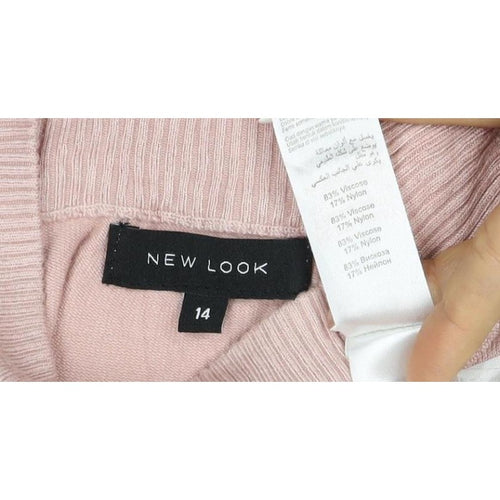 New Look Women Pink Size 14 Ruffle High Neck Knit Jumper