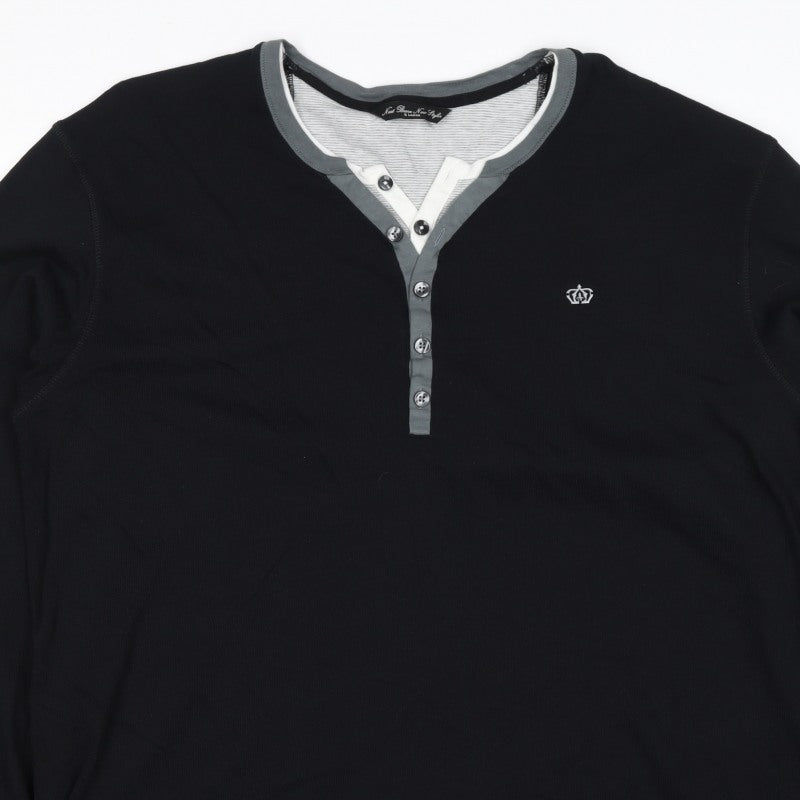 Next Men’s Black XL Cotton Henley Button Logo Sweatshirt