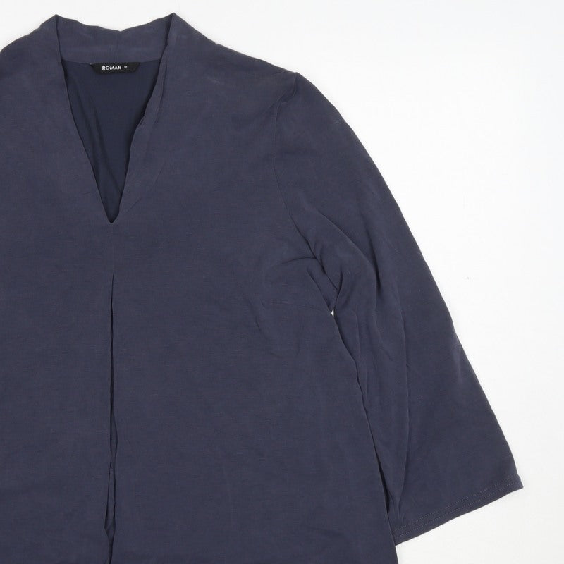 Roman Women Blue Size 12 V-Neck 3/4 Sleeve Roll Tab Blouse