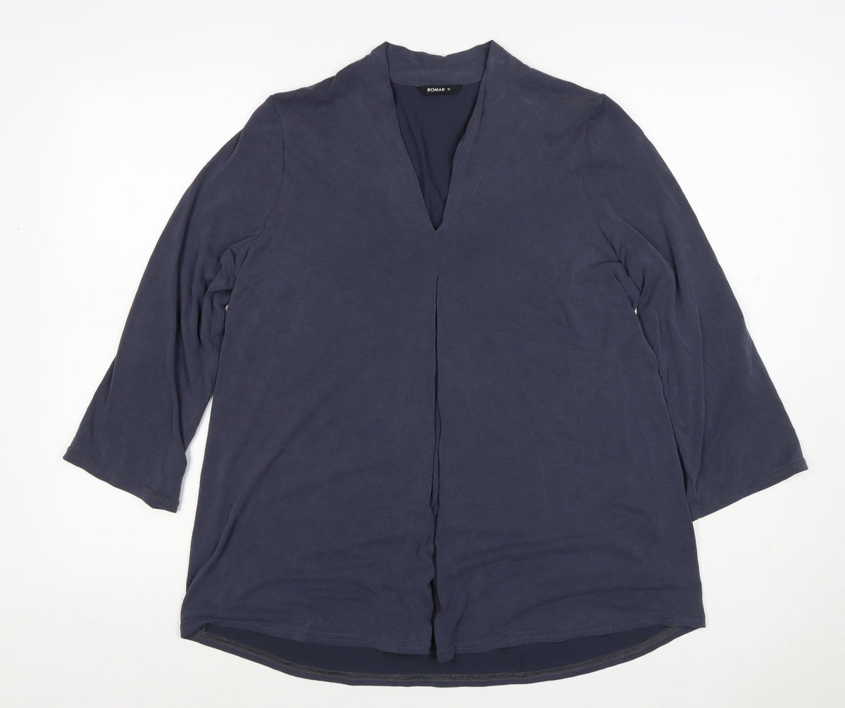 Roman Women Blue Size 12 V-Neck 3/4 Sleeve Roll Tab Blouse