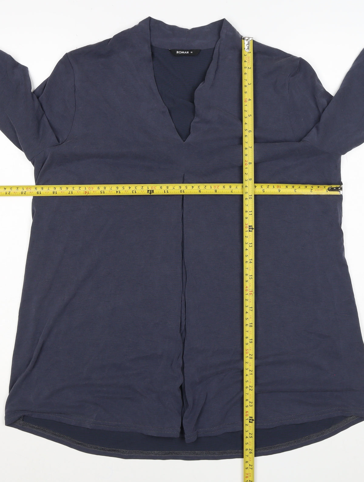 Roman Women Blue Size 12 V-Neck 3/4 Sleeve Roll Tab Blouse