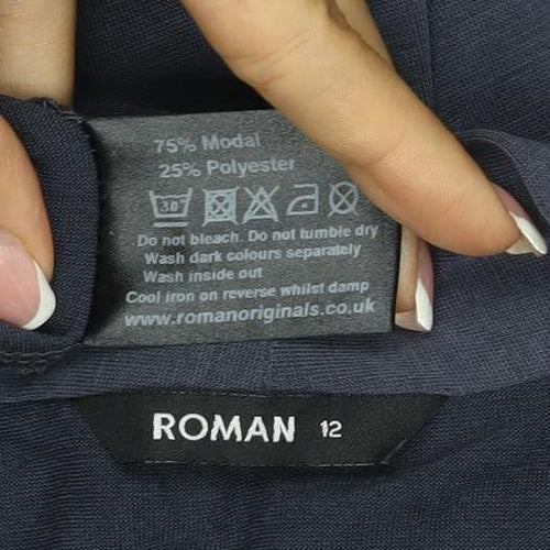 Roman Women Blue Size 12 V-Neck 3/4 Sleeve Roll Tab Blouse