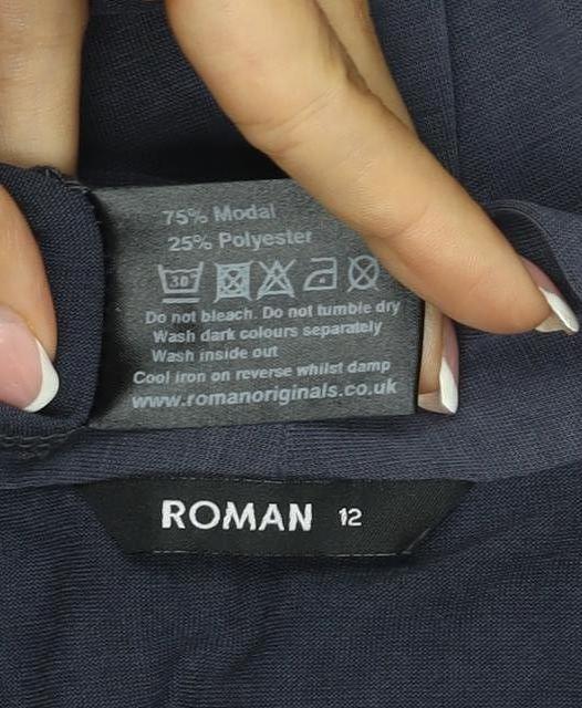 Roman Women Blue Size 12 V-Neck 3/4 Sleeve Roll Tab Blouse