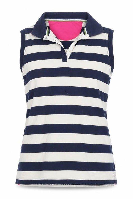 Hazy Blue Women’s Blue & White Striped Sleeveless Polo Top UK 14
