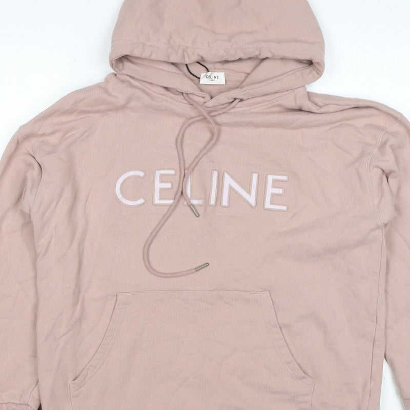 Celine Women’s Pink M Logo Pullover Hoodie Cotton Drawstring