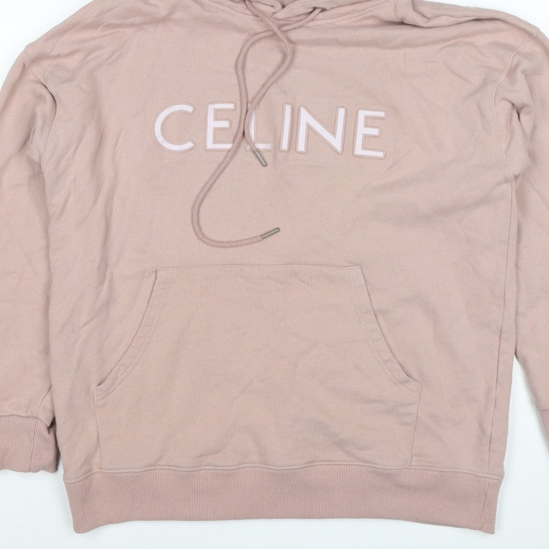 Celine Women’s Pink M Logo Pullover Hoodie Cotton Drawstring