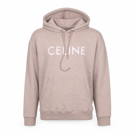 Front view of Celine Women’s Pink M Logo Pullover Hoodie Cotton Drawstring