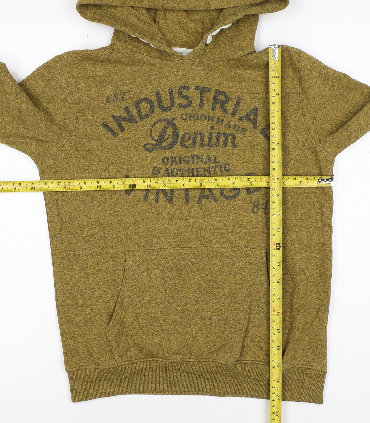 Brand and care label for M&S boys’ green 7-8 years pullover hoodie logo print pockets