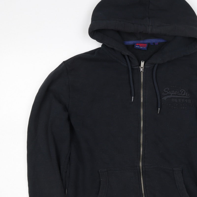 Superdry Men Black M Full Zip Hoodie Logo Cotton Pockets