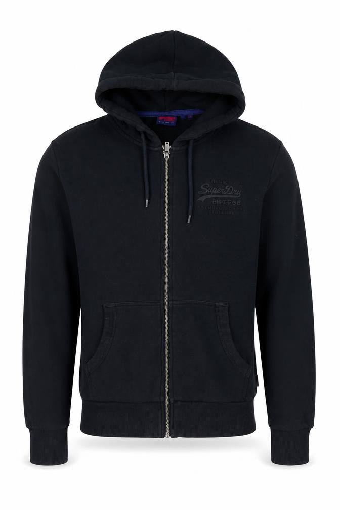 Superdry Men Black M Full Zip Hoodie Logo Cotton Pockets
