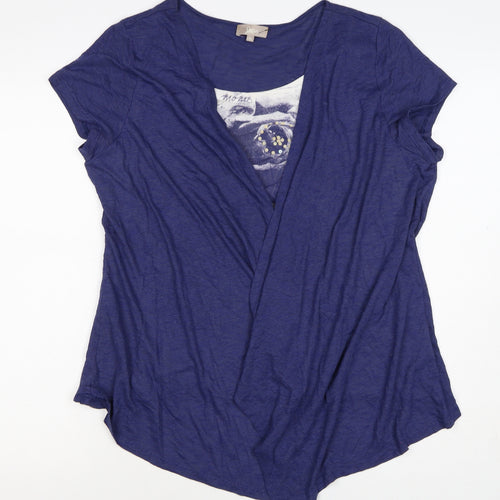 Soon Women Blue Size 18 Open Front Short Sleeve Graphic Cardigan