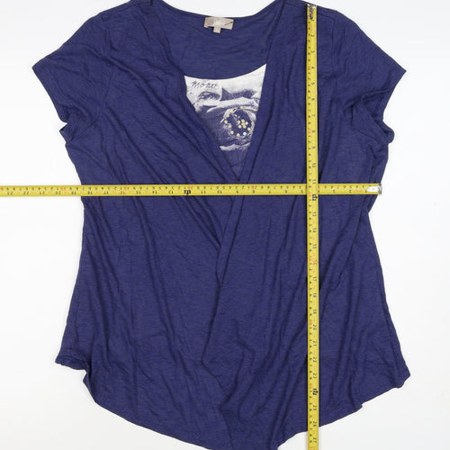 Soon Women Blue Size 18 Open Front Short Sleeve Graphic Cardigan