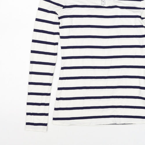 Oasis Women White Navy Striped XS Jersey Long Sleeve Rhinestone T-Shirt