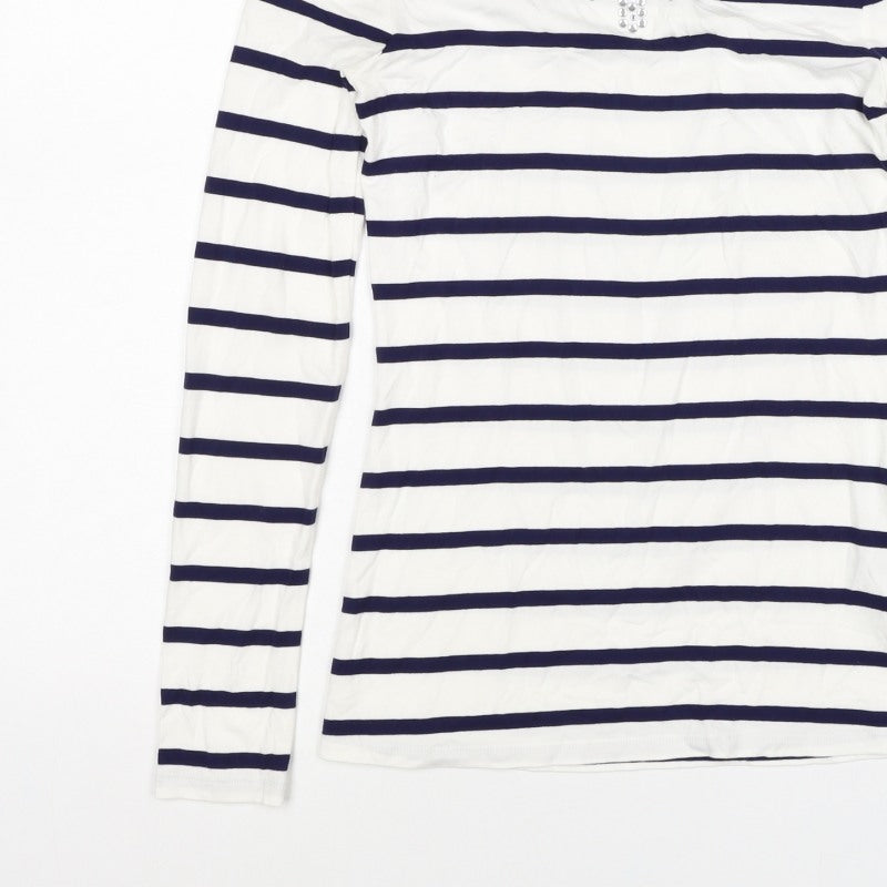 Oasis Women White Navy Striped XS Jersey Long Sleeve Rhinestone T-Shirt