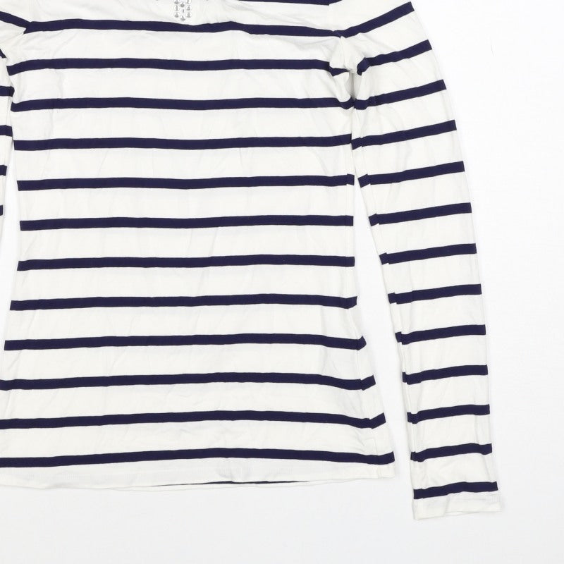Oasis Women White Navy Striped XS Jersey Long Sleeve Rhinestone T-Shirt