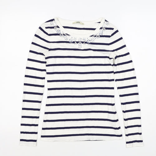 Oasis Women White Navy Striped XS Jersey Long Sleeve Rhinestone T-Shirt