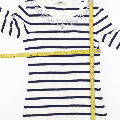Oasis Women White Navy Striped XS Jersey Long Sleeve Rhinestone T-Shirt