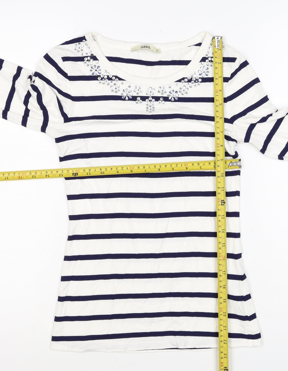 Oasis Women White Navy Striped XS Jersey Long Sleeve Rhinestone T-Shirt